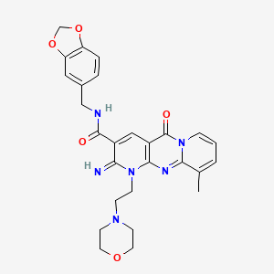 molecular formula C27H28N6O5 B12191326 N-(1,3-benzodioxol-5-ylmethyl)-6-imino-11-methyl-7-(2-morpholin-4-ylethyl)-2-oxo-1,7,9-triazatricyclo[8.4.0.03,8]tetradeca-3(8),4,9,11,13-pentaene-5-carboxamide 
