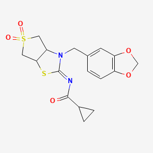 molecular formula C17H18N2O5S2 B12192202 N-[(2E)-3-(1,3-benzodioxol-5-ylmethyl)-5,5-dioxidotetrahydrothieno[3,4-d][1,3]thiazol-2(3H)-ylidene]cyclopropanecarboxamide 