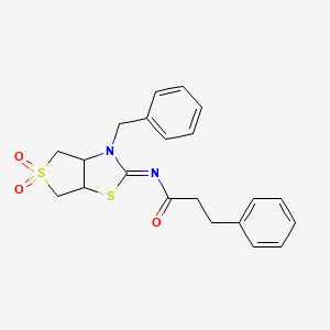 molecular formula C21H22N2O3S2 B12192878 N-[(2E)-3-benzyl-5,5-dioxidotetrahydrothieno[3,4-d][1,3]thiazol-2(3H)-ylidene]-3-phenylpropanamide 