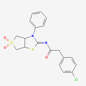 molecular formula C19H17ClN2O3S2 B12192889 2-(4-chlorophenyl)-N-[(2E)-5,5-dioxido-3-phenyltetrahydrothieno[3,4-d][1,3]thiazol-2(3H)-ylidene]acetamide 