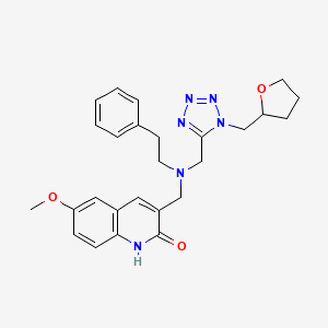 molecular formula C26H30N6O3 B1219296 6-methoxy-3-[[[1-(2-oxolanylmethyl)-5-tetrazolyl]methyl-(2-phenylethyl)amino]methyl]-1H-quinolin-2-one 