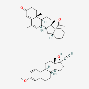 molecular formula C47H62O4 B1219369 (4aR,4bS,6aS,6bR,10aR,11aS,11bR)-6b-acetyl-4a,6a,13-trimethyl-4,4b,5,6,7,8,9,10,10a,11,11a,11b-dodecahydro-3H-indeno[2,1-a]phenanthren-2-one;(8R,9S,13S,14S)-17-ethynyl-3-methoxy-13-methyl-7,8,9,11,12,14,15,16-octahydro-6H-cyclopenta[a]phenanthren-17-ol 