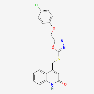 molecular formula C19H14ClN3O3S B1219404 4-[[[5-[(4-chlorophenoxy)methyl]-1,3,4-oxadiazol-2-yl]thio]methyl]-1H-quinolin-2-one 