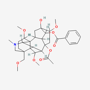 molecular formula C33H45NO9 B1219447 [(1S,2R,3R,4R,5S,6S,8R,9S,13S,16S,18R)-8-acetyloxy-5-hydroxy-6,16,18-trimethoxy-13-(methoxymethyl)-11-methyl-11-azahexacyclo[7.7.2.12,5.01,10.03,8.013,17]nonadecan-4-yl] benzoate CAS No. 561-07-9