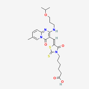 molecular formula C25H32N4O5S2 B12194510 6-{(5Z)-5-[(7-methyl-4-oxo-2-{[3-(propan-2-yloxy)propyl]amino}-4H-pyrido[1,2-a]pyrimidin-3-yl)methylidene]-4-oxo-2-thioxo-1,3-thiazolidin-3-yl}hexanoic acid 