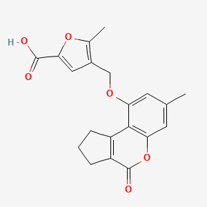 molecular formula C20H18O6 B12194982 5-Methyl-4-(((7-methyl-4-oxo-1,2,3,4-tetrahydrocyclopenta[c]chromen-9-yl)oxy)methyl)furan-2-carboxylic acid 