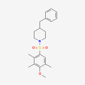 molecular formula C22H29NO3S B12195067 4-Benzyl-1-(4-methoxy-2,3,5-trimethylbenzenesulfonyl)piperidine 