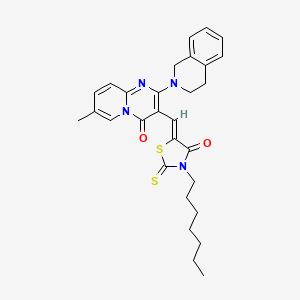 molecular formula C29H32N4O2S2 B12195343 2-(3,4-dihydroisoquinolin-2(1H)-yl)-3-[(Z)-(3-heptyl-4-oxo-2-thioxo-1,3-thiazolidin-5-ylidene)methyl]-7-methyl-4H-pyrido[1,2-a]pyrimidin-4-one 
