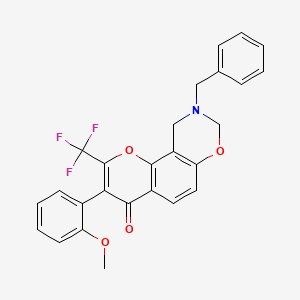 molecular formula C26H20F3NO4 B12195531 9-benzyl-3-(2-methoxyphenyl)-2-(trifluoromethyl)-9,10-dihydro-4H,8H-chromeno[8,7-e][1,3]oxazin-4-one 