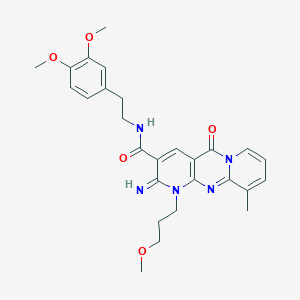 molecular formula C27H31N5O5 B12195694 N-[2-(3,4-dimethoxyphenyl)ethyl]-6-imino-7-(3-methoxypropyl)-11-methyl-2-oxo-1,7,9-triazatricyclo[8.4.0.03,8]tetradeca-3(8),4,9,11,13-pentaene-5-carboxamide 
