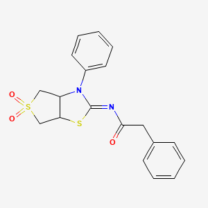 molecular formula C19H18N2O3S2 B12195770 N-[(2E)-5,5-dioxido-3-phenyltetrahydrothieno[3,4-d][1,3]thiazol-2(3H)-ylidene]-2-phenylacetamide 