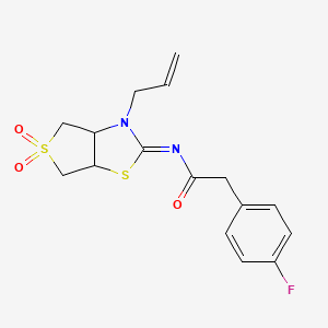 molecular formula C16H17FN2O3S2 B12195990 N-[(2E)-5,5-dioxido-3-(prop-2-en-1-yl)tetrahydrothieno[3,4-d][1,3]thiazol-2(3H)-ylidene]-2-(4-fluorophenyl)acetamide 