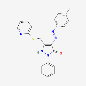 molecular formula C22H19N5OS B12196031 2-Phenyl-5-(pyridin-2-ylsulfanylmethyl)-4-(p-tolyl-hydrazono)-2,4-dihydro-pyrazol-3-one 