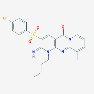 molecular formula C22H21BrN4O3S B12196119 5-(4-bromophenyl)sulfonyl-7-butyl-6-imino-11-methyl-1,7,9-triazatricyclo[8.4.0.03,8]tetradeca-3(8),4,9,11,13-pentaen-2-one 