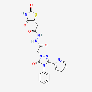 molecular formula C20H17N7O5S B12196341 1H-1,2,4-Triazole-1-acetic acid, 4,5-dihydro-5-oxo-4-phenyl-3-(2-pyridinyl)-, 2-[2-(2,4-dioxo-5-thiazolidinyl)acetyl]hydrazide CAS No. 1018166-62-5