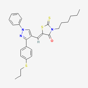 molecular formula C28H31N3OS3 B12196389 (5Z)-3-hexyl-5-({1-phenyl-3-[4-(propylsulfanyl)phenyl]-1H-pyrazol-4-yl}methylidene)-2-thioxo-1,3-thiazolidin-4-one 