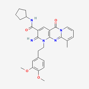 molecular formula C28H31N5O4 B12196918 N-cyclopentyl-7-[2-(3,4-dimethoxyphenyl)ethyl]-6-imino-11-methyl-2-oxo-1,7,9-triazatricyclo[8.4.0.03,8]tetradeca-3(8),4,9,11,13-pentaene-5-carboxamide 