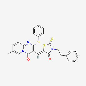 molecular formula C27H21N3O2S3 B12196985 7-methyl-3-{(Z)-[4-oxo-3-(2-phenylethyl)-2-thioxo-1,3-thiazolidin-5-ylidene]methyl}-2-(phenylsulfanyl)-4H-pyrido[1,2-a]pyrimidin-4-one 