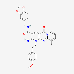 molecular formula C30H27N5O5 B12197034 N-(1,3-benzodioxol-5-ylmethyl)-6-imino-7-[2-(4-methoxyphenyl)ethyl]-11-methyl-2-oxo-1,7,9-triazatricyclo[8.4.0.03,8]tetradeca-3(8),4,9,11,13-pentaene-5-carboxamide 