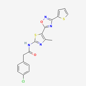molecular formula C18H13ClN4O2S2 B12197254 2-(4-chlorophenyl)-N-[(2Z)-4-methyl-5-[3-(thiophen-2-yl)-1,2,4-oxadiazol-5-yl]-1,3-thiazol-2(3H)-ylidene]acetamide 