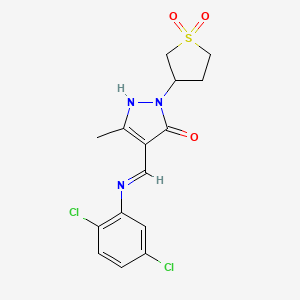 molecular formula C15H15Cl2N3O3S B12197283 (4E)-4-{[(2,5-dichlorophenyl)amino]methylidene}-2-(1,1-dioxidotetrahydrothiophen-3-yl)-5-methyl-2,4-dihydro-3H-pyrazol-3-one 