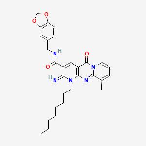 molecular formula C29H33N5O4 B12197425 N-(1,3-benzodioxol-5-ylmethyl)-6-imino-11-methyl-7-octyl-2-oxo-1,7,9-triazatricyclo[8.4.0.03,8]tetradeca-3(8),4,9,11,13-pentaene-5-carboxamide 