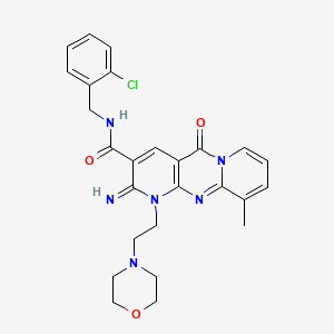 molecular formula C26H27ClN6O3 B12197750 N-[(2-chlorophenyl)methyl]-6-imino-11-methyl-7-(2-morpholin-4-ylethyl)-2-oxo-1,7,9-triazatricyclo[8.4.0.03,8]tetradeca-3(8),4,9,11,13-pentaene-5-carboxamide 
