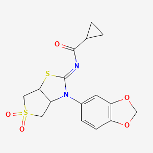 molecular formula C16H16N2O5S2 B12197778 N-[(2Z)-3-(1,3-benzodioxol-5-yl)-5,5-dioxidotetrahydrothieno[3,4-d][1,3]thiazol-2(3H)-ylidene]cyclopropanecarboxamide 