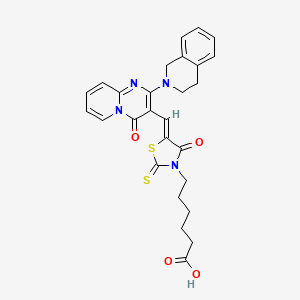 molecular formula C27H26N4O4S2 B12197889 6-[(5Z)-5-{[2-(3,4-dihydroisoquinolin-2(1H)-yl)-4-oxo-4H-pyrido[1,2-a]pyrimidin-3-yl]methylidene}-4-oxo-2-thioxo-1,3-thiazolidin-3-yl]hexanoic acid 
