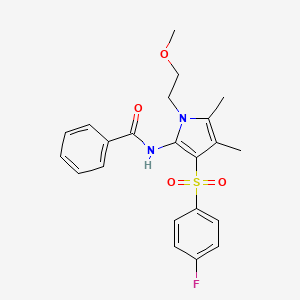 molecular formula C22H23FN2O4S B12198133 N-{3-[(4-fluorophenyl)sulfonyl]-1-(2-methoxyethyl)-4,5-dimethyl-1H-pyrrol-2-yl}benzamide 
