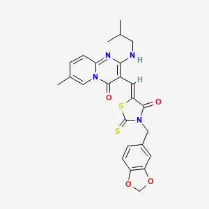 molecular formula C25H24N4O4S2 B12198239 3-{(Z)-[3-(1,3-benzodioxol-5-ylmethyl)-4-oxo-2-thioxo-1,3-thiazolidin-5-ylidene]methyl}-7-methyl-2-[(2-methylpropyl)amino]-4H-pyrido[1,2-a]pyrimidin-4-one 