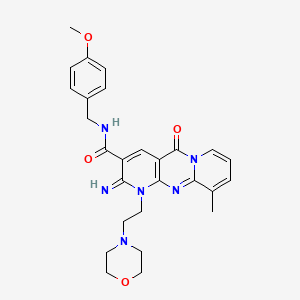 molecular formula C27H30N6O4 B12198304 6-imino-N-[(4-methoxyphenyl)methyl]-11-methyl-7-(2-morpholin-4-ylethyl)-2-oxo-1,7,9-triazatricyclo[8.4.0.03,8]tetradeca-3(8),4,9,11,13-pentaene-5-carboxamide 
