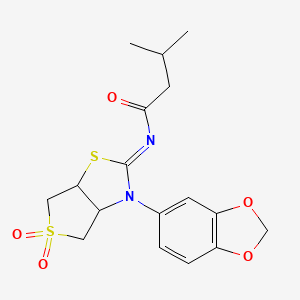 molecular formula C17H20N2O5S2 B12198595 N-[(2Z)-3-(1,3-benzodioxol-5-yl)-5,5-dioxidotetrahydrothieno[3,4-d][1,3]thiazol-2(3H)-ylidene]-3-methylbutanamide 