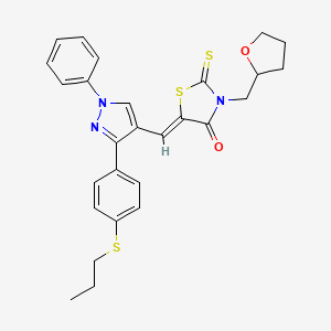molecular formula C27H27N3O2S3 B12198722 (5Z)-5-({1-phenyl-3-[4-(propylsulfanyl)phenyl]-1H-pyrazol-4-yl}methylidene)-3-(tetrahydrofuran-2-ylmethyl)-2-thioxo-1,3-thiazolidin-4-one 