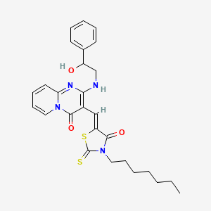molecular formula C27H30N4O3S2 B12198907 3-[(Z)-(3-heptyl-4-oxo-2-thioxo-1,3-thiazolidin-5-ylidene)methyl]-2-[(2-hydroxy-2-phenylethyl)amino]-4H-pyrido[1,2-a]pyrimidin-4-one 