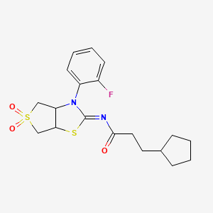 molecular formula C19H23FN2O3S2 B12199090 3-cyclopentyl-N-[3-(2-fluorophenyl)-5,5-dioxo-3a,4,6,6a-tetrahydrothieno[3,4-d][1,3]thiazol-2-ylidene]propanamide 
