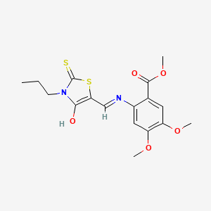 molecular formula C17H20N2O5S2 B12199203 methyl 4,5-dimethoxy-2-{[(E)-(4-oxo-3-propyl-2-thioxo-1,3-thiazolidin-5-ylidene)methyl]amino}benzoate 