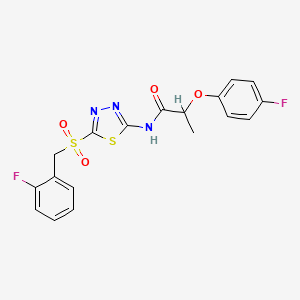 molecular formula C18H15F2N3O4S2 B12199364 N-(5-((2-fluorobenzyl)sulfonyl)-1,3,4-thiadiazol-2-yl)-2-(4-fluorophenoxy)propanamide 