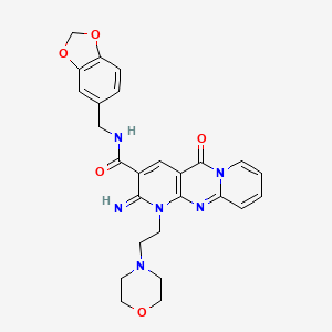 molecular formula C26H26N6O5 B12199831 N-(2H-benzo[3,4-d]1,3-dioxolan-5-ylmethyl)[2-imino-1-(2-morpholin-4-ylethyl)-5-oxo(1,6-dihydropyridino[1,2-a]pyridino[2,3-d]pyrimidin-3-yl)]carboxamide 