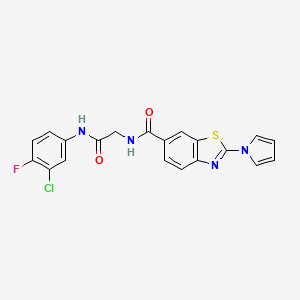 molecular formula C20H14ClFN4O2S B12199881 N-{2-[(3-chloro-4-fluorophenyl)amino]-2-oxoethyl}-2-(1H-pyrrol-1-yl)-1,3-benzothiazole-6-carboxamide 