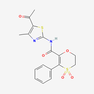 molecular formula C17H16N2O5S2 B12201066 N-[(2Z)-5-acetyl-4-methyl-1,3-thiazol-2(3H)-ylidene]-3-phenyl-5,6-dihydro-1,4-oxathiine-2-carboxamide 4,4-dioxide 