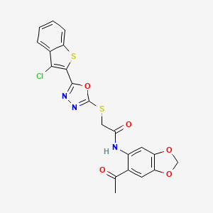 molecular formula C21H14ClN3O5S2 B12201142 N-(6-acetyl-2H-1,3-benzodioxol-5-yl)-2-{[5-(3-chloro-1-benzothiophen-2-yl)-1,3,4-oxadiazol-2-yl]sulfanyl}acetamide 