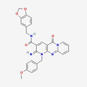 molecular formula C28H23N5O5 B12201433 N-(1,3-benzodioxol-5-ylmethyl)-6-imino-7-[(4-methoxyphenyl)methyl]-2-oxo-1,7,9-triazatricyclo[8.4.0.03,8]tetradeca-3(8),4,9,11,13-pentaene-5-carboxamide 