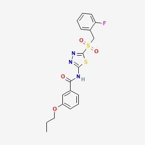 molecular formula C19H18FN3O4S2 B12201576 N-(5-((2-fluorobenzyl)sulfonyl)-1,3,4-thiadiazol-2-yl)-3-propoxybenzamide 