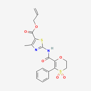 molecular formula C19H18N2O6S2 B12201860 Prop-2-en-1-yl 2-{[(4,4-dioxido-3-phenyl-5,6-dihydro-1,4-oxathiin-2-yl)carbonyl]amino}-4-methyl-1,3-thiazole-5-carboxylate 