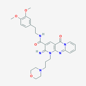 molecular formula C29H34N6O5 B12202338 N-[2-(3,4-dimethoxyphenyl)ethyl]-6-imino-7-(3-morpholin-4-ylpropyl)-2-oxo-1,7,9-triazatricyclo[8.4.0.03,8]tetradeca-3(8),4,9,11,13-pentaene-5-carboxamide 