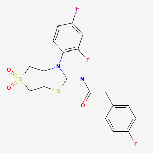 molecular formula C19H15F3N2O3S2 B12203572 N-[(2E)-3-(2,4-difluorophenyl)-5,5-dioxidotetrahydrothieno[3,4-d][1,3]thiazol-2(3H)-ylidene]-2-(4-fluorophenyl)acetamide 