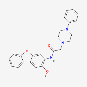 molecular formula C25H25N3O3 B12203845 N-{4-methoxy-8-oxatricyclo[7.4.0.0^{2,7}]trideca-1(9),2,4,6,10,12-hexaen-5-yl}-2-(4-phenylpiperazin-1-yl)acetamide 