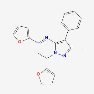 molecular formula C21H17N3O2 B12204641 5,7-Di(furan-2-yl)-2-methyl-3-phenyl-6,7-dihydropyrazolo[1,5-a]pyrimidine 