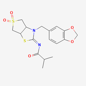 molecular formula C17H20N2O5S2 B12205960 N-[(2Z)-3-(1,3-benzodioxol-5-ylmethyl)-5,5-dioxidotetrahydrothieno[3,4-d][1,3]thiazol-2(3H)-ylidene]-2-methylpropanamide 